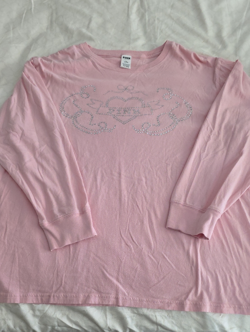 PINK Victoria's Secret Light Pink Long Sleeve Tee with Rhinestone Heart